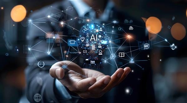 Persona interactuando con una interfaz futurista de comunicaciones unificadas con IA