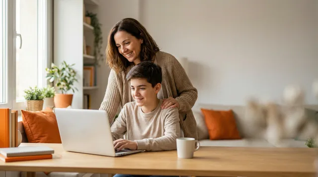Madre e hijo estudiando online
